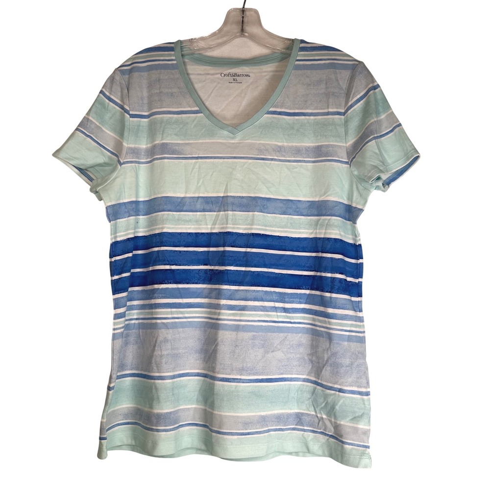 Croft & Barrow Womens XL Blue Mint Striped V-Neck 100% Cotton Short Sleeve Tee